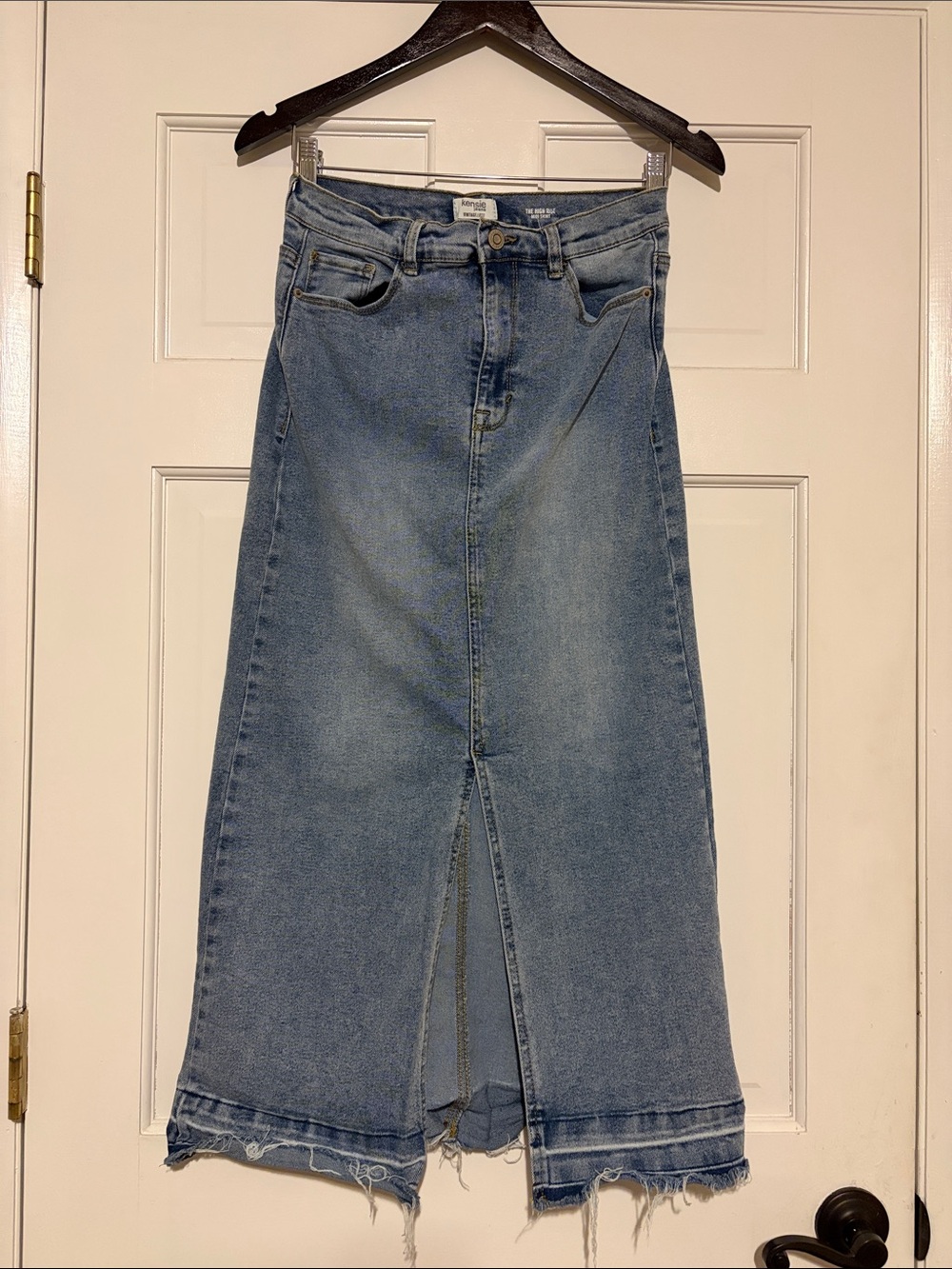 Kensie Light Blue Denim Midi Skirt with Front Slit